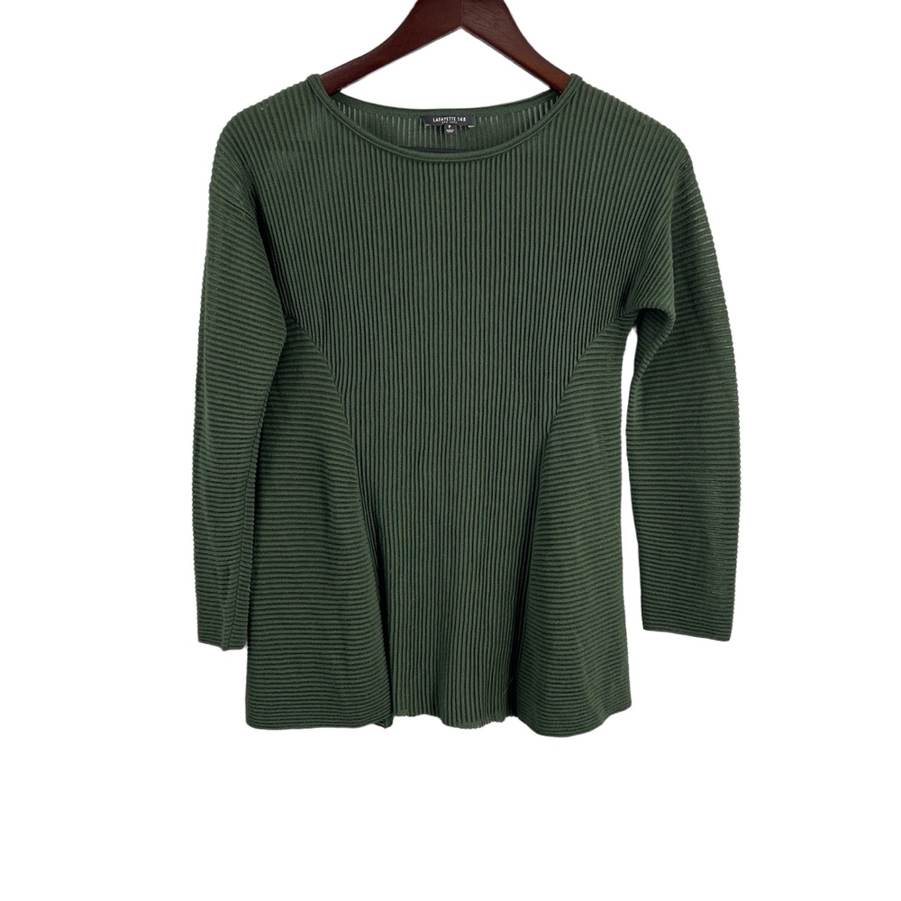 Lafayette 148 Sweater Green Wool Ribbed‎ Stretchy Crew Neck Petite